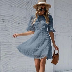 Swiss Dot Flounce Sleeve Guipure Lace Appliques Dress